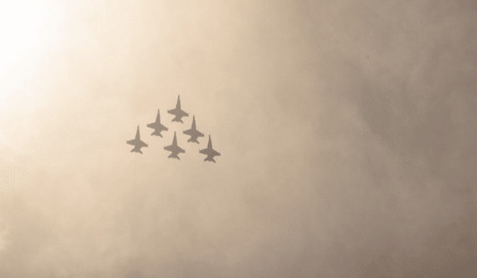 Planes flying in a formation overhead.
